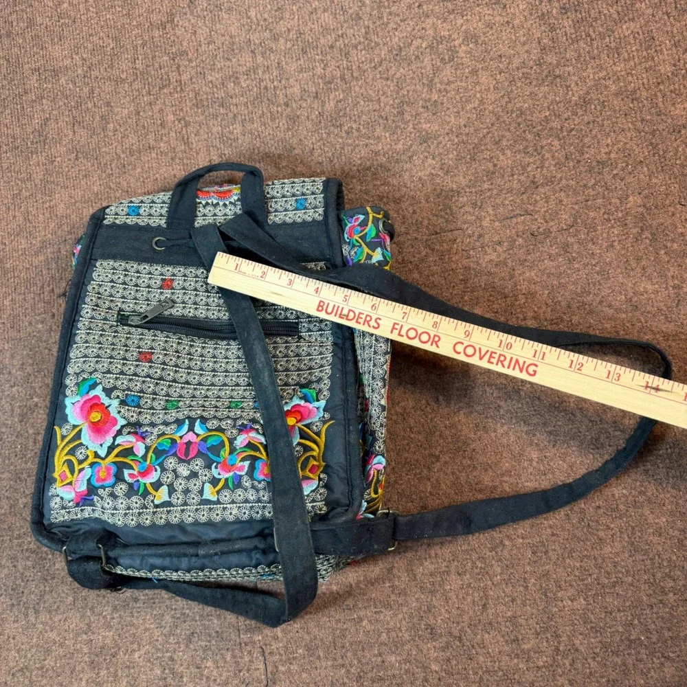 Boho Hmong Embroidered Backpack Floral Folk Art Canvas Drawstring Bag Black Mult